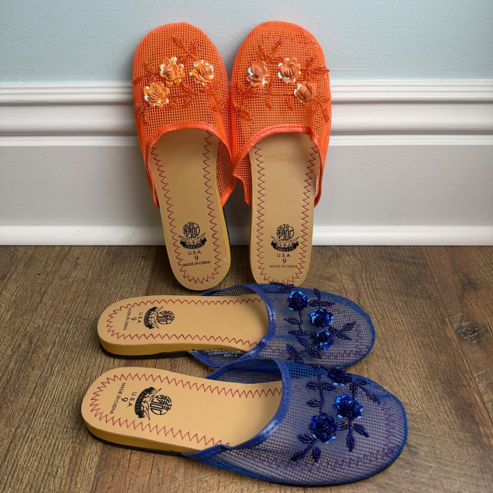 Yung Kee Mesh Floral Beaded Sequin Slippers Women 9 Orange Blue Bundle 2 Pairs
